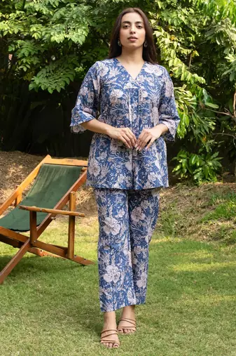 blue v-neck pure cotton flared coord set