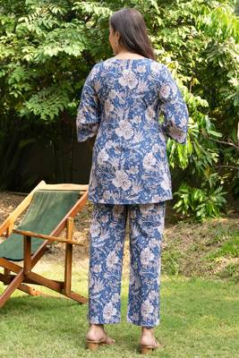 blue v-neck pure cotton flared coord set 4
