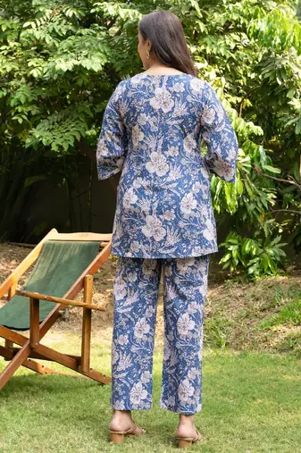 blue v-neck pure cotton flared coord set