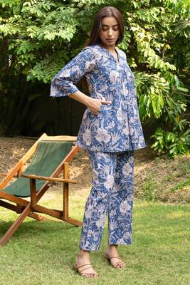 blue v-neck pure cotton flared coord set 5