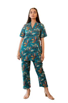 Teal bold floral printed buttoned down cotton co-ord set 2