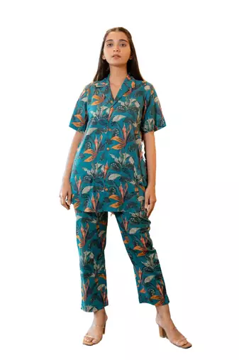 Teal bold floral printed buttoned down cotton co-ord set