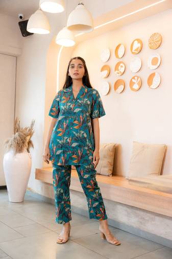 Teal bold floral printed buttoned down cotton co-ord set