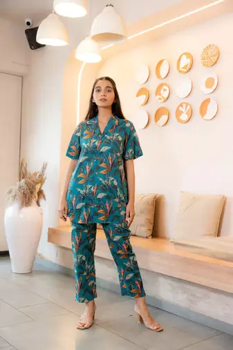 Teal bold floral printed buttoned down cotton co-ord set