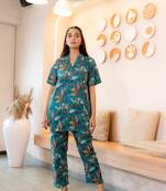 Teal bold floral printed buttoned down cotton co-ord set