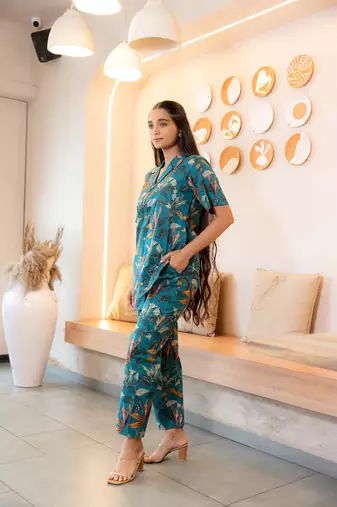Teal bold floral printed buttoned down cotton co-ord set