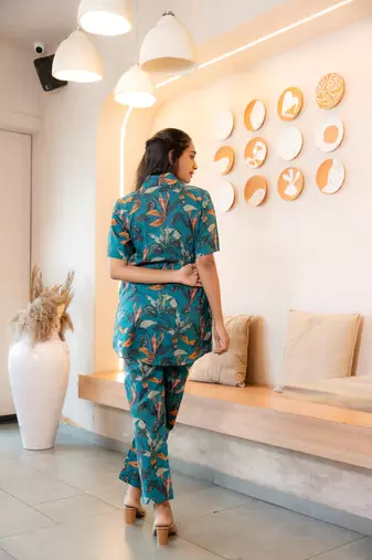 Teal bold floral printed buttoned down cotton co-ord set