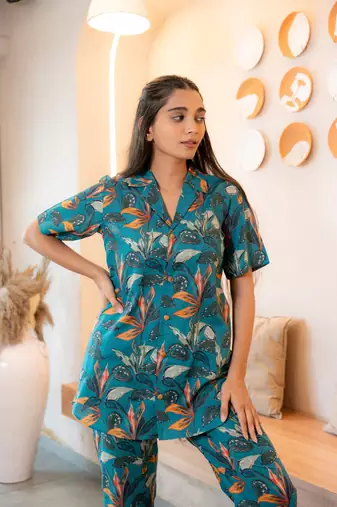 Teal bold floral printed buttoned down cotton co-ord set
