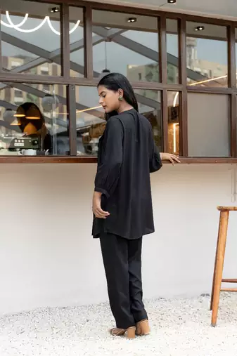 Black pleated band collar co-ord set