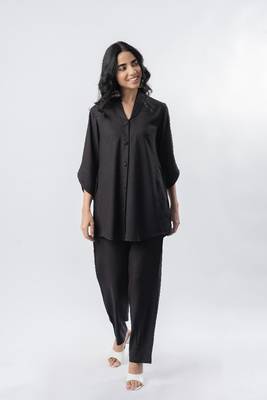 Black shawl collar co-ord set with curved sleeves 1