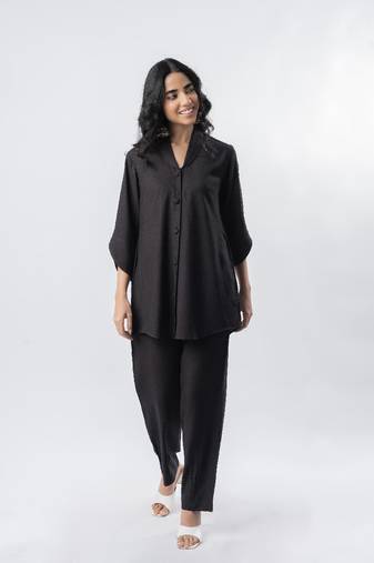 Black shawl collar co-ord set with curved sleeves