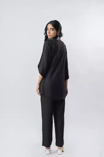 Black shawl collar co-ord set with curved sleeves