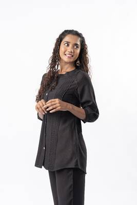Black pleated band collar co-ord set 1