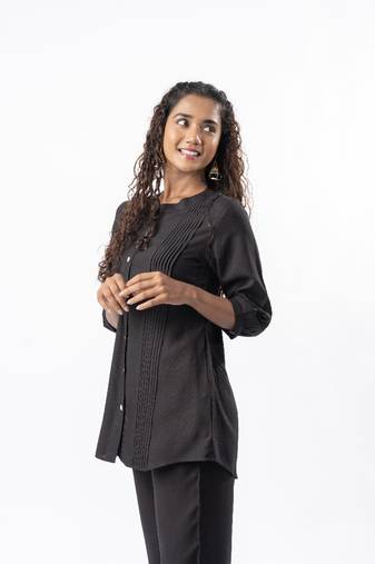 Black pleated band collar co-ord set