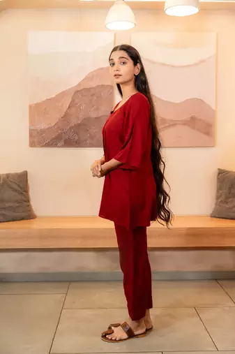 Maroon box pleated co-ord set