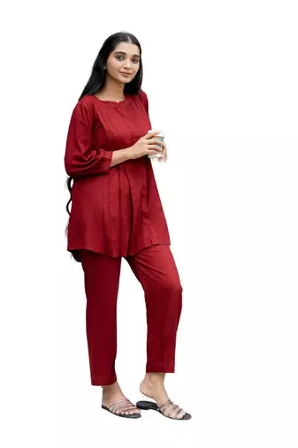 Maroon pleated band collar co-ord set