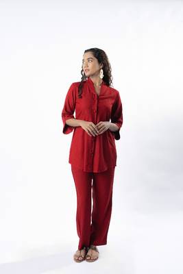 Maroon shawl collar co-ord set with curved sleeves 1