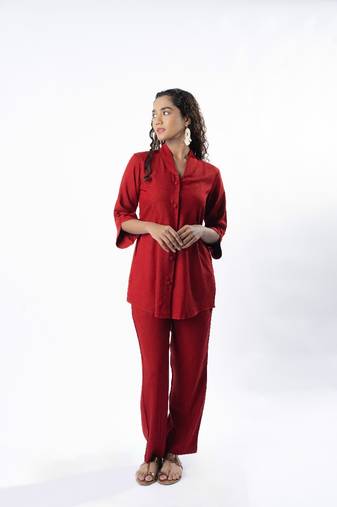 Maroon shawl collar co-ord set with curved sleeves