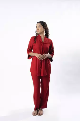 Maroon shawl collar co-ord set with curved sleeves