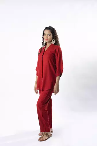 Maroon shawl collar co-ord set with curved sleeves