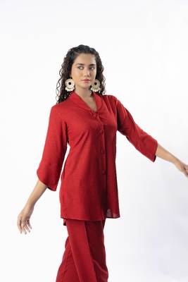 Maroon shawl collar co-ord set with curved sleeves 3