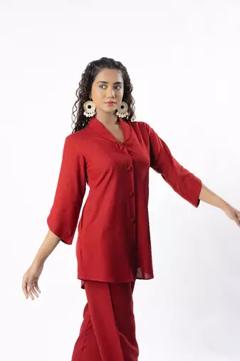 Maroon shawl collar co-ord set with curved sleeves
