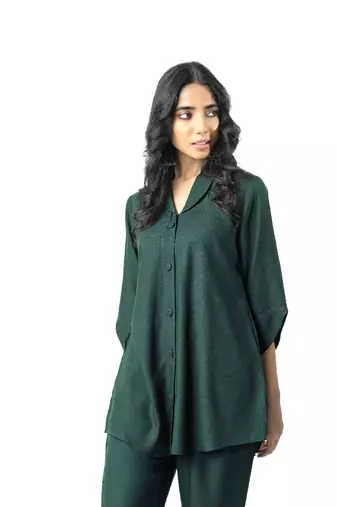 Green shawl collar co-ord set with curved sleeves