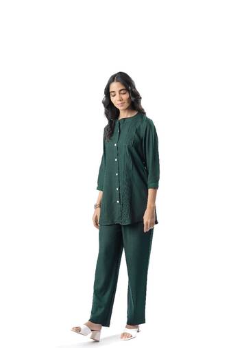 Green pleated band collar co-ord set