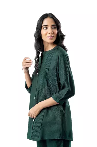 Green pleated band collar co-ord set