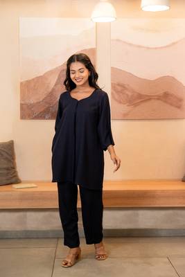 Navy blue sweetheart neck with flared sleeve co-ord set 1