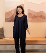 Navy blue sweetheart neck with flared sleeve co-ord set