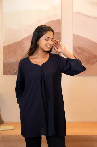 Navy blue sweetheart neck with flared sleeve co-ord set