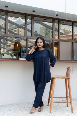 Navy blue front pleated flared co-ord set 1