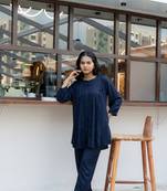 Navy blue front pleated flared co-ord set