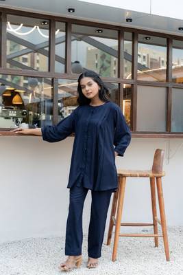 Navy blue front pleated flared co-ord set 4