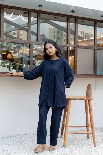 Navy blue front pleated flared co-ord set