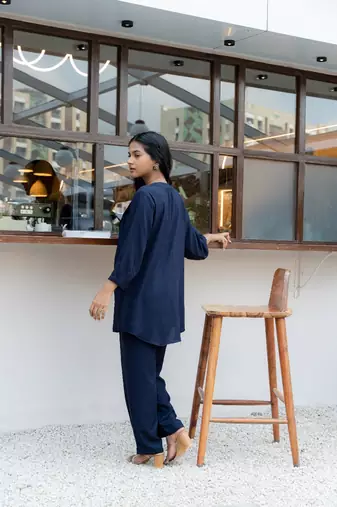 Navy blue front pleated flared co-ord set