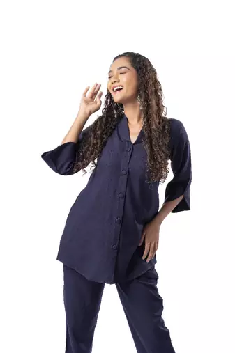 Navy blue shawl collar co-ord set with curved sleeves
