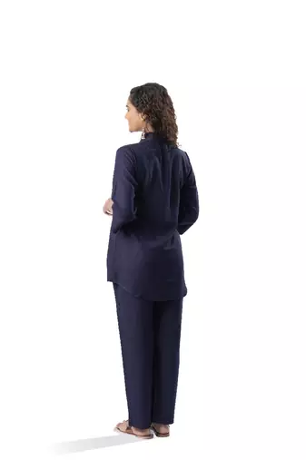 Navy blue shawl collar co-ord set with curved sleeves