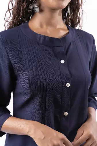 Navy blue pleated band collar co-ord set