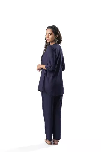 Navy blue pleated band collar co-ord set