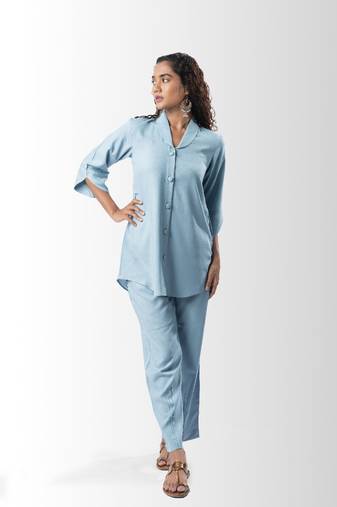 Light blue shawl collar co-ord set with curved sleeves