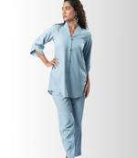 Light blue shawl collar co-ord set with curved sleeves