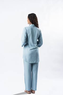 Light blue shawl collar co-ord set with curved sleeves 5