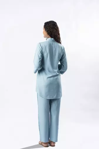 Light blue shawl collar co-ord set with curved sleeves