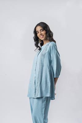 Light blue pleated band collar co-ord set 2