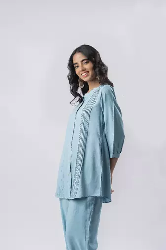 Light blue pleated band collar co-ord set
