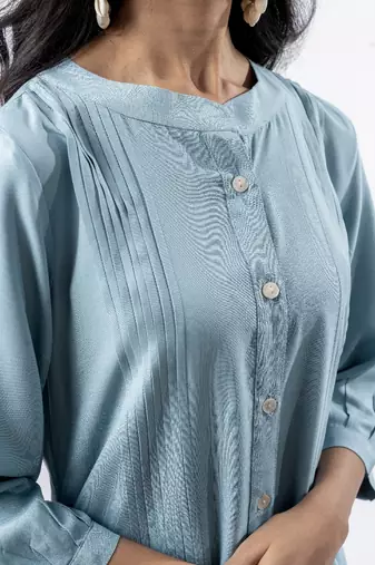 Light blue pleated band collar co-ord set