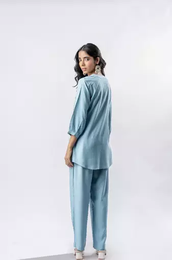 Light blue pleated band collar co-ord set