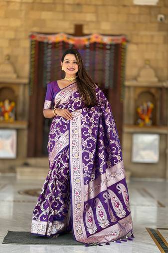 Wine Zari Meenakari Work Banarasi Silk blend Saree